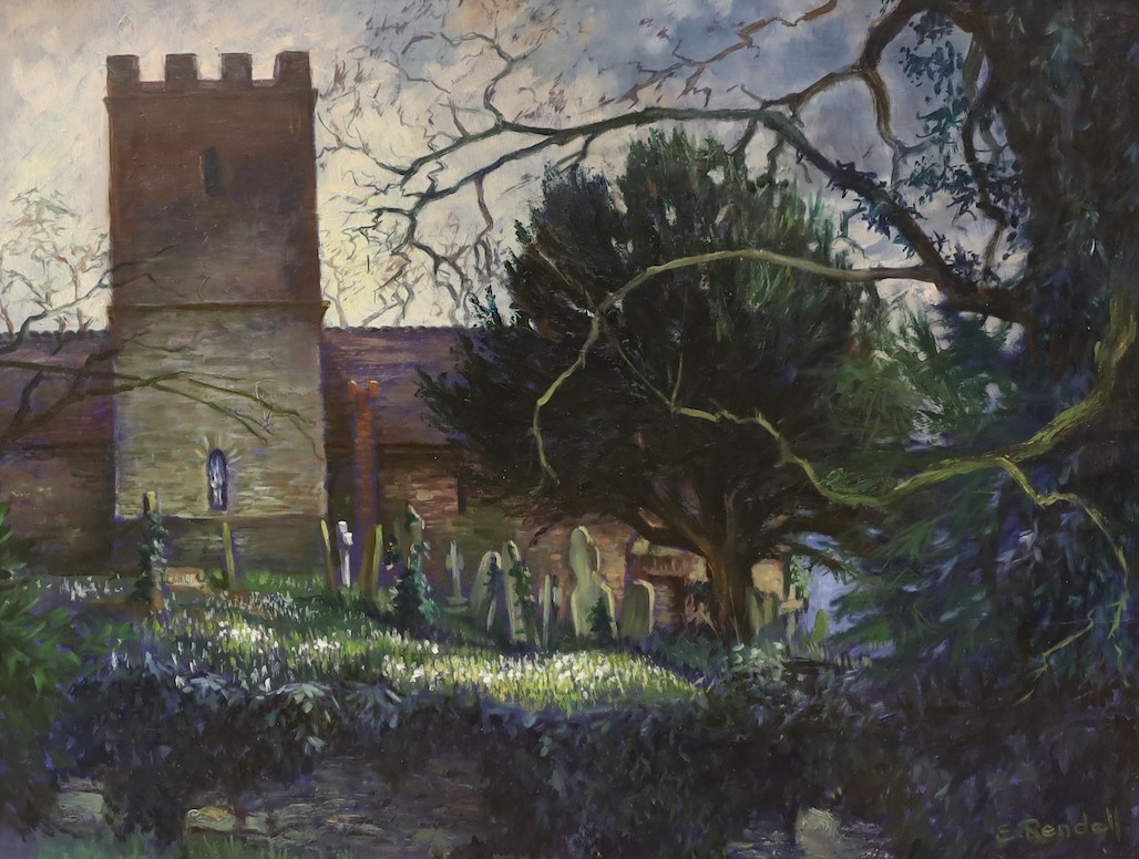 Elizabeth Rendell Kerr, oil on board, 'Bredwardine Church with Kilvert's Grave', signed, 44 x 60cm